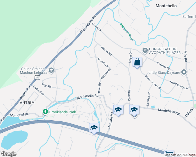 map of restaurants, bars, coffee shops, grocery stores, and more near 26 River Road in Suffern