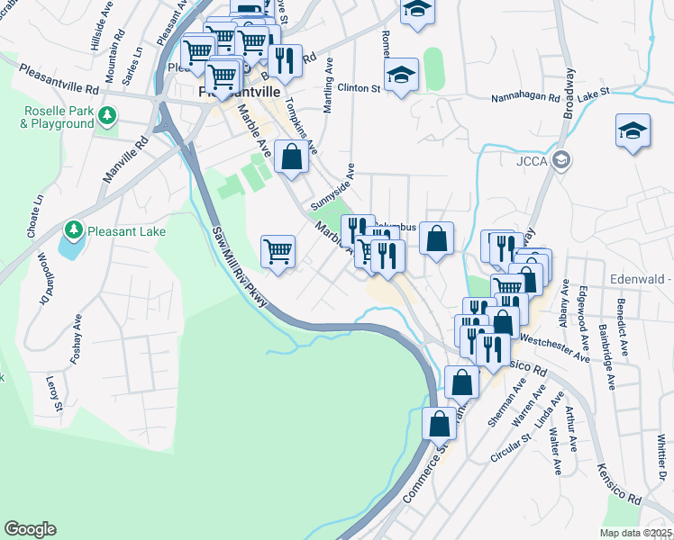 map of restaurants, bars, coffee shops, grocery stores, and more near 30 Booth Street in Pleasantville