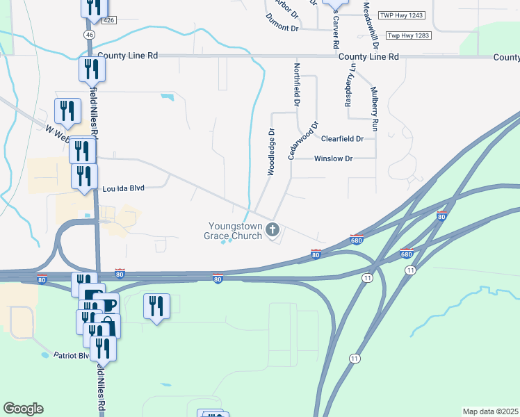 map of restaurants, bars, coffee shops, grocery stores, and more near 5294 West Webb Road in Youngstown
