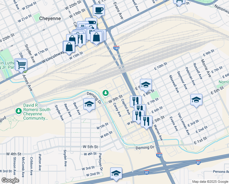 map of restaurants, bars, coffee shops, grocery stores, and more near 915 Carey Avenue in Cheyenne