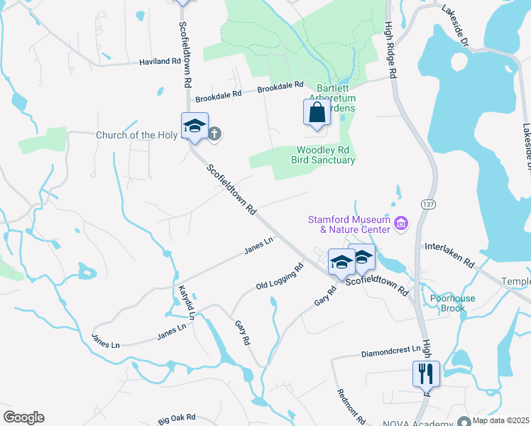 map of restaurants, bars, coffee shops, grocery stores, and more near 283 Scofieldtown Road in Stamford