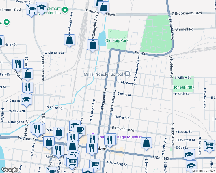 map of restaurants, bars, coffee shops, grocery stores, and more near 642 North Indiana Avenue in Kankakee