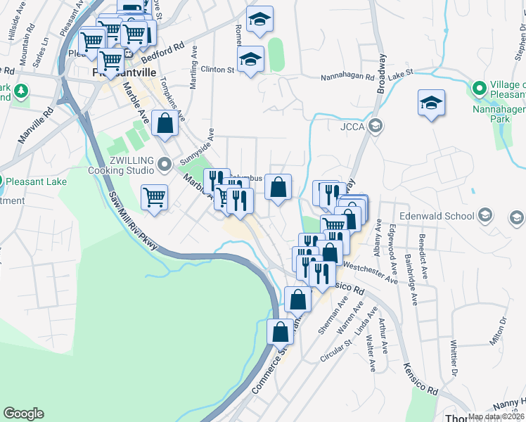 map of restaurants, bars, coffee shops, grocery stores, and more near 3 Maiden Lane in Pleasantville