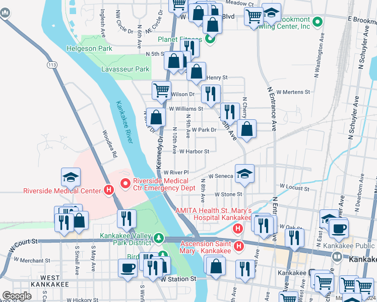 map of restaurants, bars, coffee shops, grocery stores, and more near 601 North 9th Avenue in Kankakee