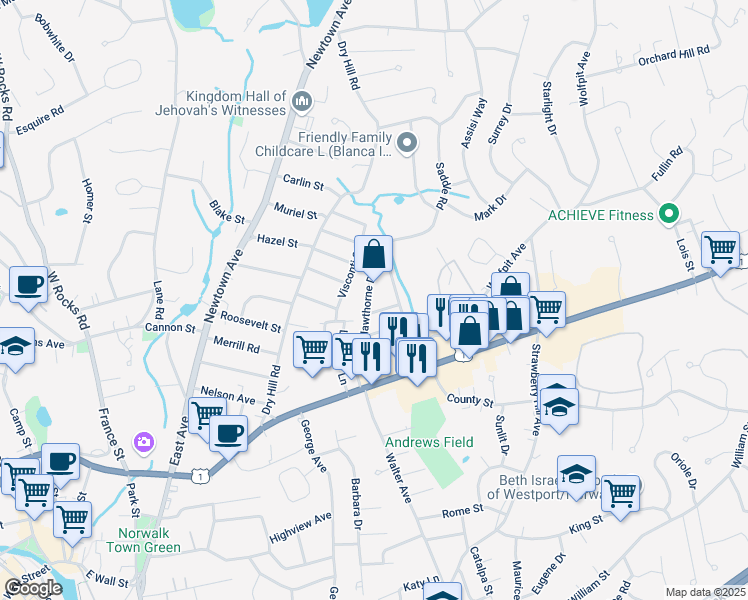 map of restaurants, bars, coffee shops, grocery stores, and more near 14 Hawthorne Drive in Norwalk