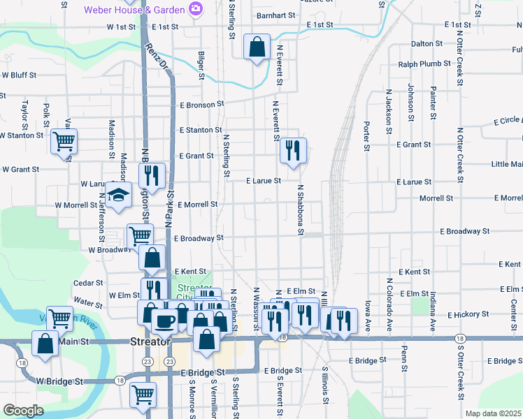 map of restaurants, bars, coffee shops, grocery stores, and more near 615 North Wasson Street in Streator