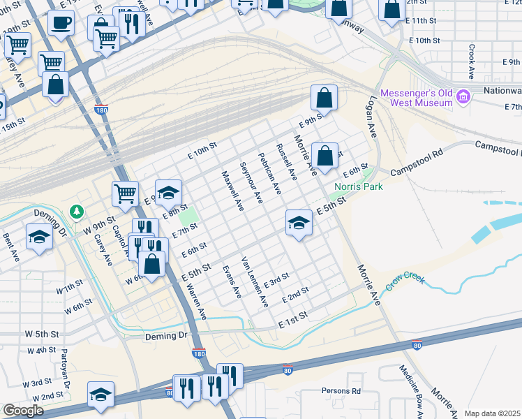 map of restaurants, bars, coffee shops, grocery stores, and more near 620 E 6th St in Cheyenne
