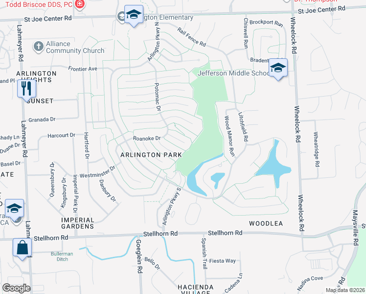 map of restaurants, bars, coffee shops, grocery stores, and more near 8426 Talmage Court in Fort Wayne