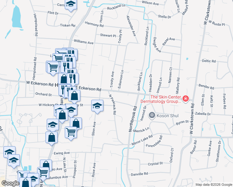 map of restaurants, bars, coffee shops, grocery stores, and more near 120 East Eckerson Road in Spring Valley