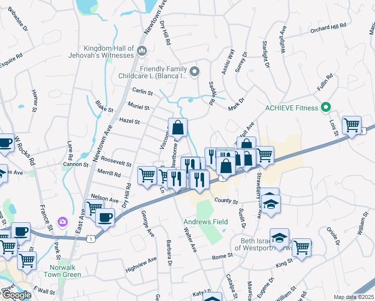 map of restaurants, bars, coffee shops, grocery stores, and more near 14 Hawthorne Drive in Norwalk