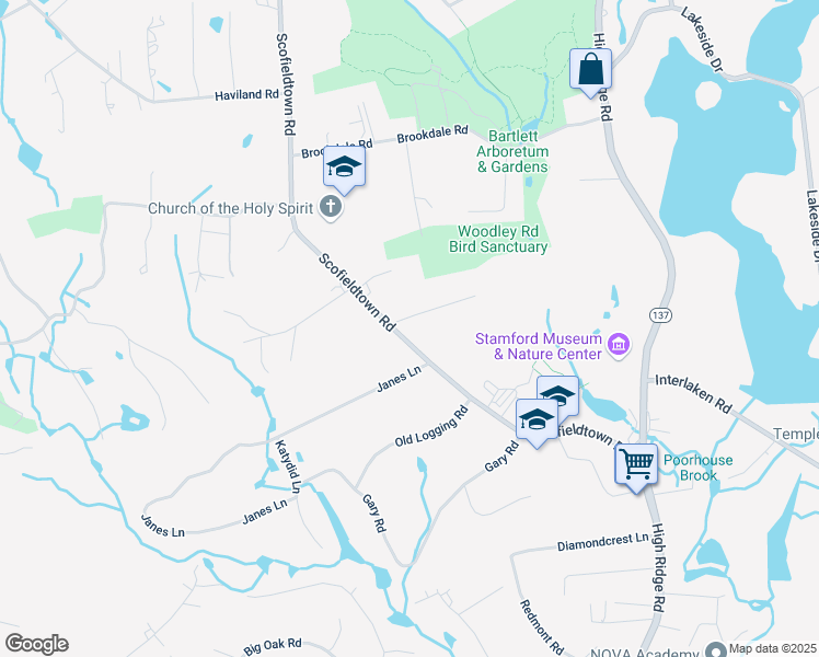 map of restaurants, bars, coffee shops, grocery stores, and more near 283 Scofieldtown Road in Stamford