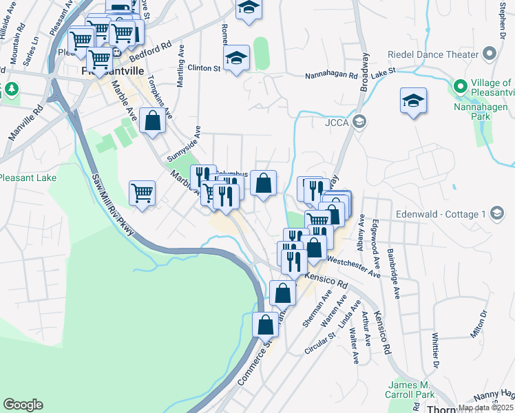 map of restaurants, bars, coffee shops, grocery stores, and more near 17 Madison Avenue in Pleasantville