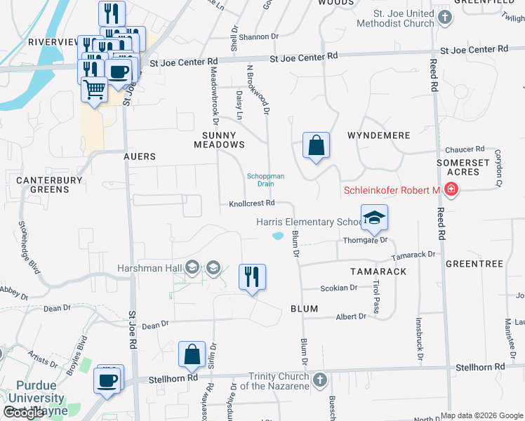 map of restaurants, bars, coffee shops, grocery stores, and more near 3828 Knollcrest Rd in Fort Wayne