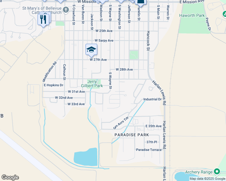 map of restaurants, bars, coffee shops, grocery stores, and more near 3006 Wayne Street in Bellevue