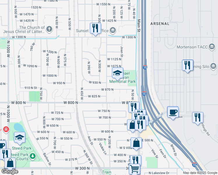 map of restaurants, bars, coffee shops, grocery stores, and more near 236 West 870 North in Sunset