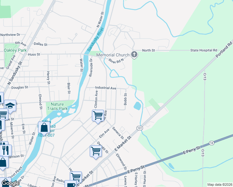 map of restaurants, bars, coffee shops, grocery stores, and more near 340 Elm Avenue in Tiffin