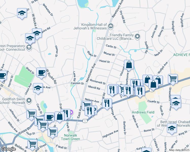 map of restaurants, bars, coffee shops, grocery stores, and more near 22 Pershing Street in Norwalk