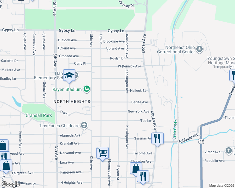map of restaurants, bars, coffee shops, grocery stores, and more near 133 Halleck Street in Youngstown