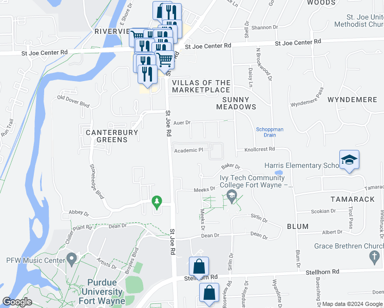 map of restaurants, bars, coffee shops, grocery stores, and more near 5202 Saint Joe Road in Fort Wayne