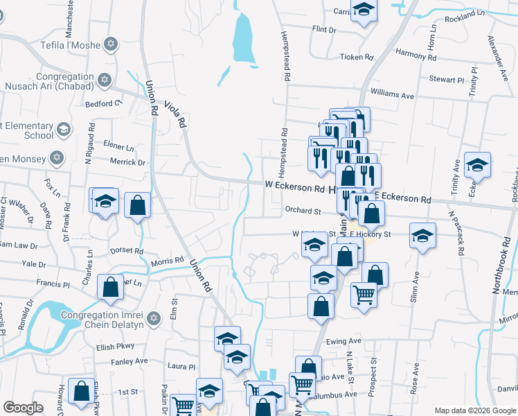 map of restaurants, bars, coffee shops, grocery stores, and more near 8 South Oak Street in Spring Valley