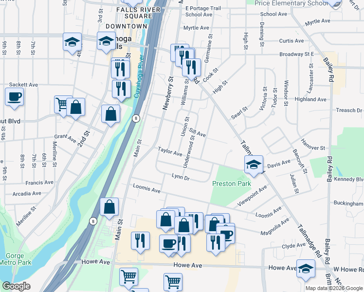 map of restaurants, bars, coffee shops, grocery stores, and more near 1627 Union Street in Cuyahoga Falls