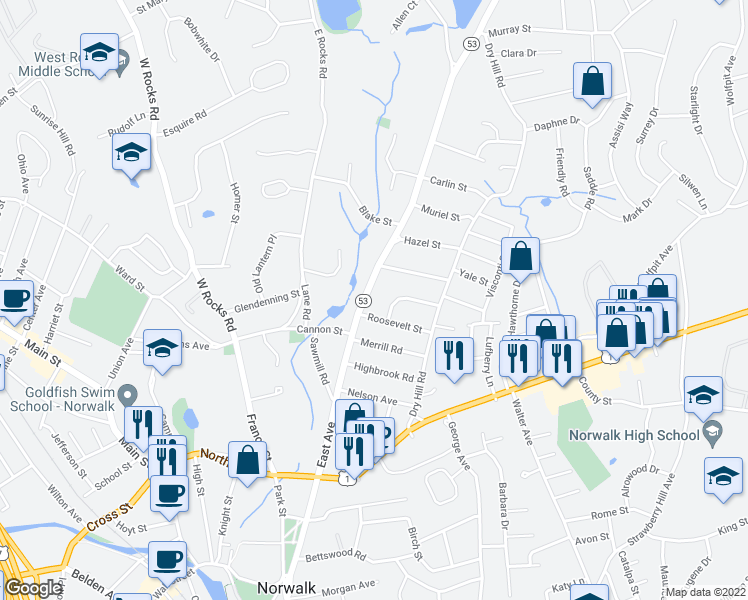 map of restaurants, bars, coffee shops, grocery stores, and more near 54 Newtown Avenue in Norwalk