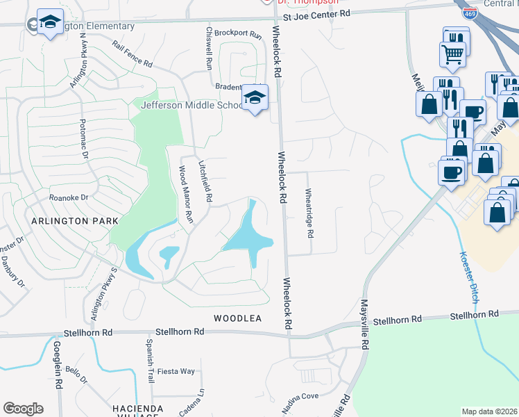 map of restaurants, bars, coffee shops, grocery stores, and more near 9206 Valley Forge Place in Fort Wayne