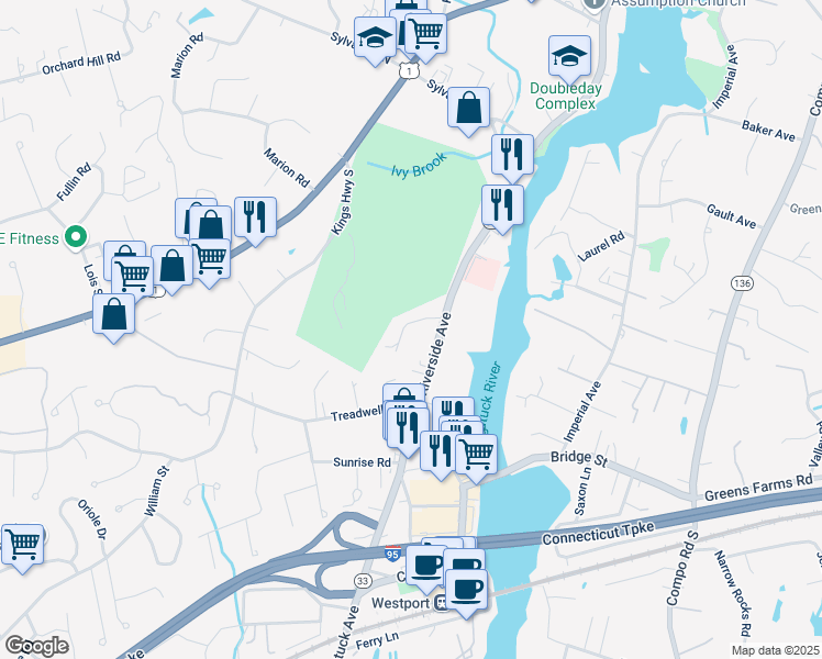 map of restaurants, bars, coffee shops, grocery stores, and more near 5 Raymond Place in Westport