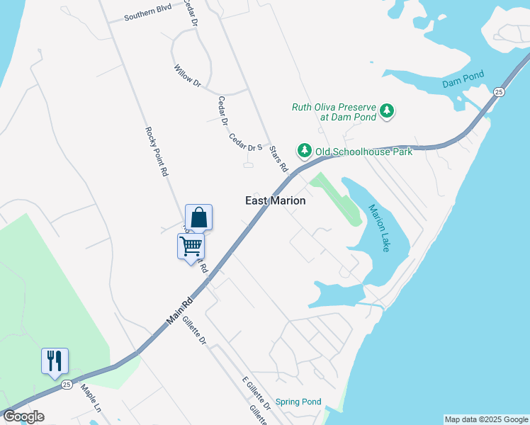 map of restaurants, bars, coffee shops, grocery stores, and more near 9000 Main Road in East Marion