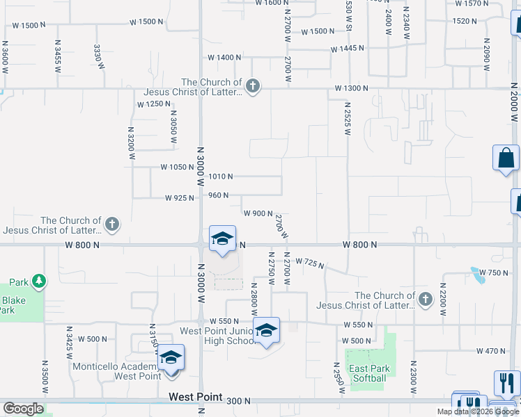 map of restaurants, bars, coffee shops, grocery stores, and more near 2808 West 900 North in Clinton