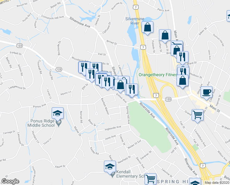 map of restaurants, bars, coffee shops, grocery stores, and more near 93 New Canaan Avenue in Norwalk