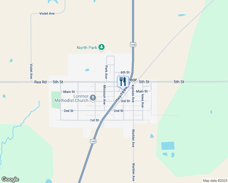 map of restaurants, bars, coffee shops, grocery stores, and more near 500 Main Street in Lorimor