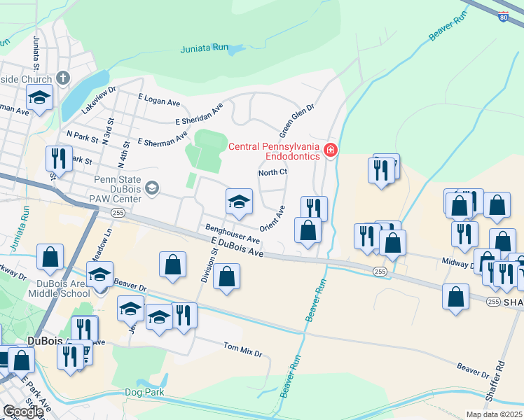 map of restaurants, bars, coffee shops, grocery stores, and more near 609 Green Glen Drive in DuBois