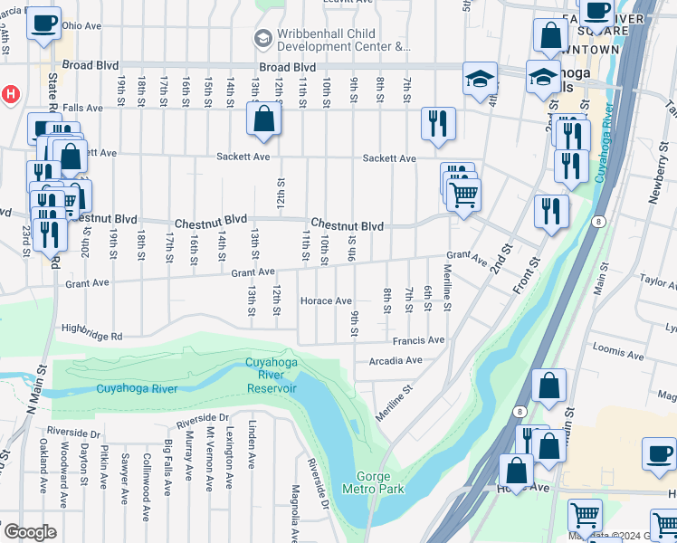 map of restaurants, bars, coffee shops, grocery stores, and more near 1599 10th Street in Cuyahoga Falls