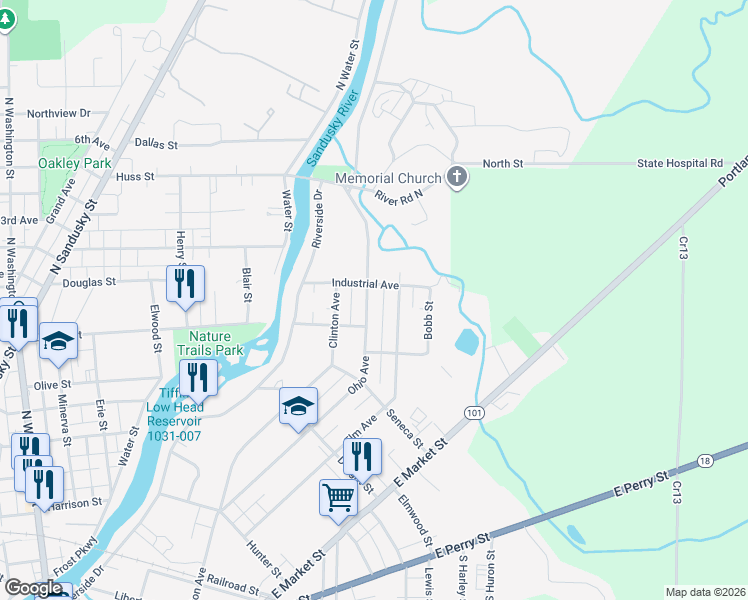 map of restaurants, bars, coffee shops, grocery stores, and more near 316314 Ohio Avenue in Tiffin