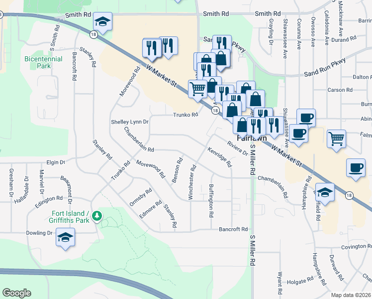 map of restaurants, bars, coffee shops, grocery stores, and more near 2937 Chamberlain Road in Fairlawn