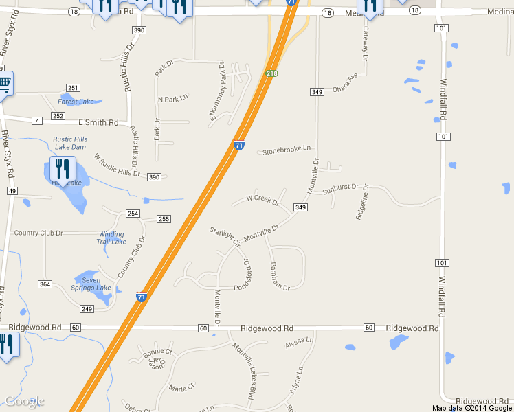 map of restaurants, bars, coffee shops, grocery stores, and more near 3018 West Creek Drive in Medina