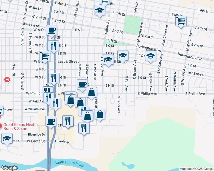 map of restaurants, bars, coffee shops, grocery stores, and more near 850 East H Street in North Platte