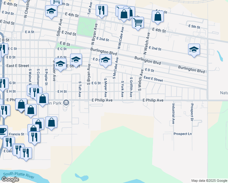 map of restaurants, bars, coffee shops, grocery stores, and more near 1498 E H St in North Platte