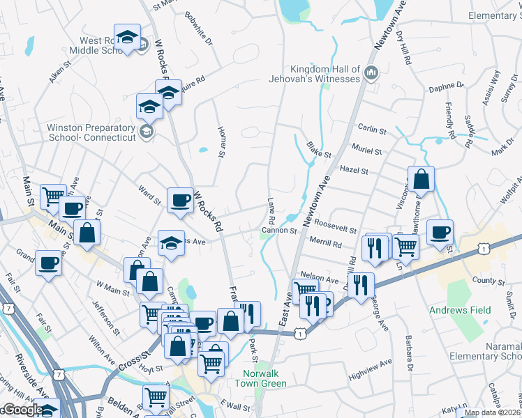 map of restaurants, bars, coffee shops, grocery stores, and more near 22 Glendenning Street in Norwalk