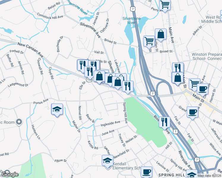 map of restaurants, bars, coffee shops, grocery stores, and more near 93 New Canaan Avenue in Norwalk