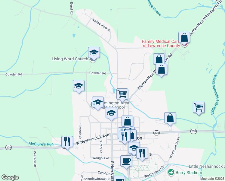 map of restaurants, bars, coffee shops, grocery stores, and more near 241 High Street in New Wilmington