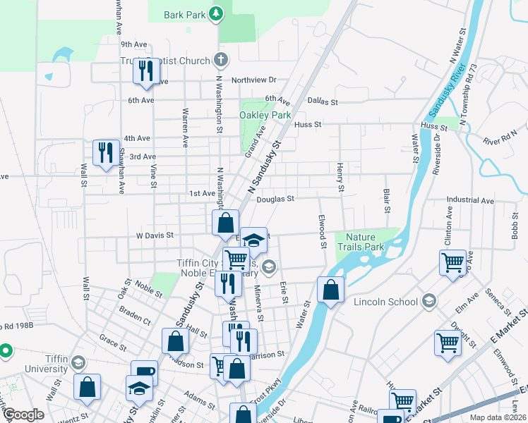 map of restaurants, bars, coffee shops, grocery stores, and more near 318 North Sandusky Street in Tiffin
