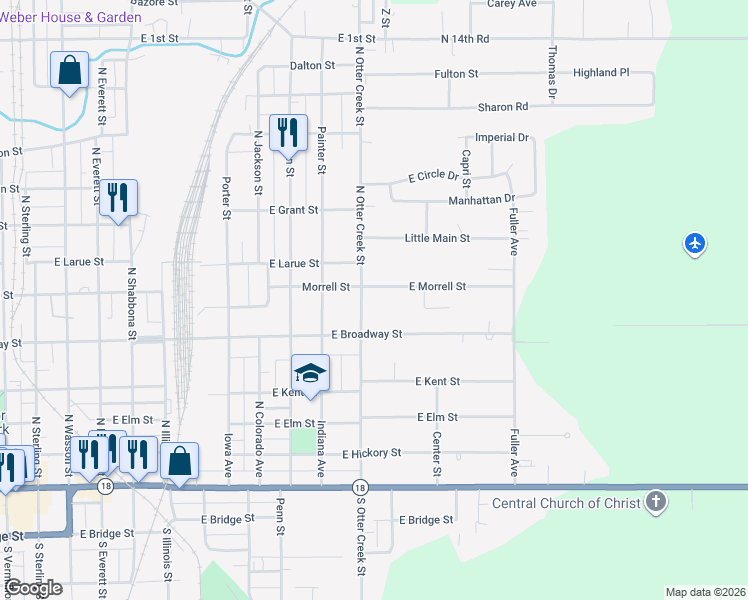 map of restaurants, bars, coffee shops, grocery stores, and more near 610 North Otter Creek Street in Streator
