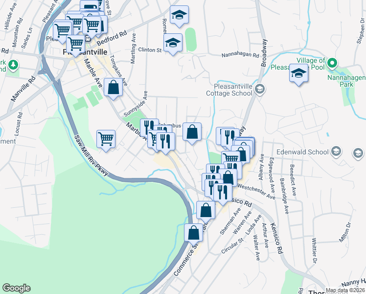 map of restaurants, bars, coffee shops, grocery stores, and more near 10 Madison Avenue in Pleasantville