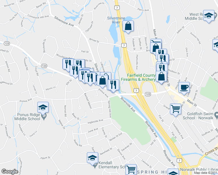 map of restaurants, bars, coffee shops, grocery stores, and more near 76 Connecticut 123 in Norwalk