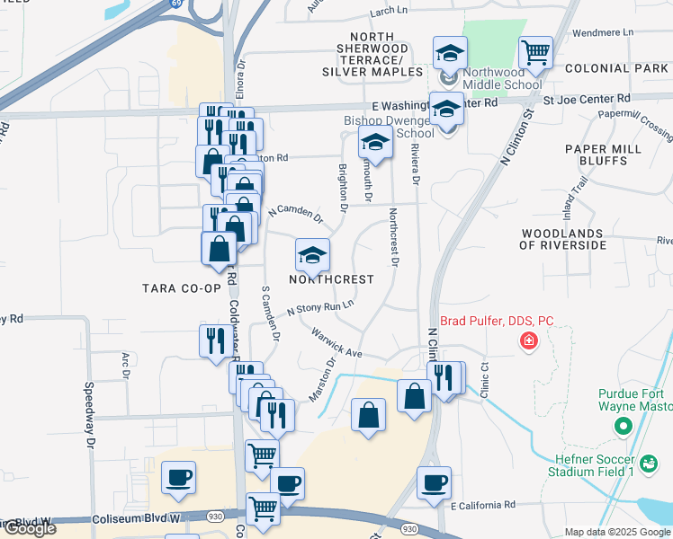 map of restaurants, bars, coffee shops, grocery stores, and more near 5310 Archwood Ln in Fort Wayne