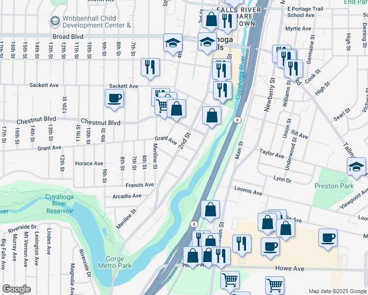 map of restaurants, bars, coffee shops, grocery stores, and more near 144 Grant Avenue in Cuyahoga Falls