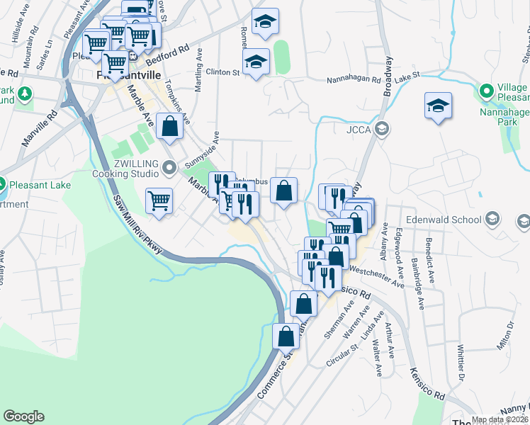 map of restaurants, bars, coffee shops, grocery stores, and more near 17 Madison Avenue in Pleasantville