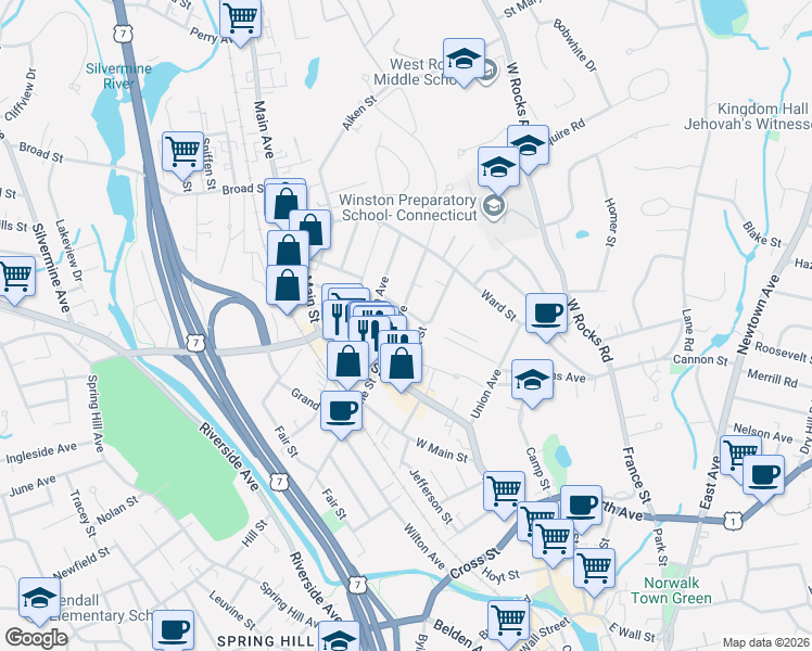 map of restaurants, bars, coffee shops, grocery stores, and more near 13 Center Avenue in Norwalk